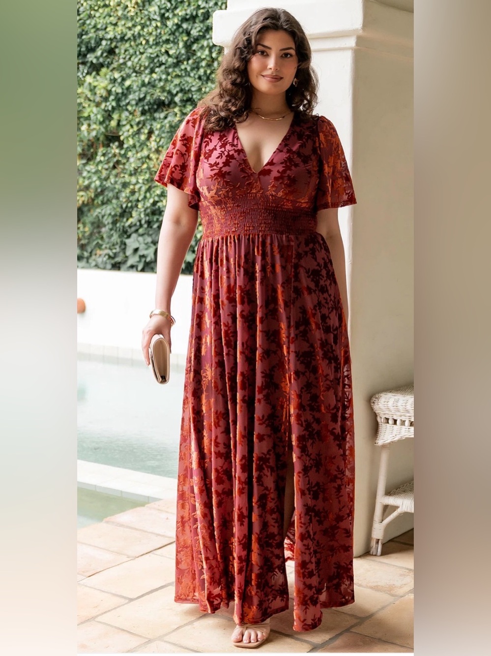 Baltic Born Veronica Velvet Maxi Dress Burgundy Rust Floral V-Neck XL